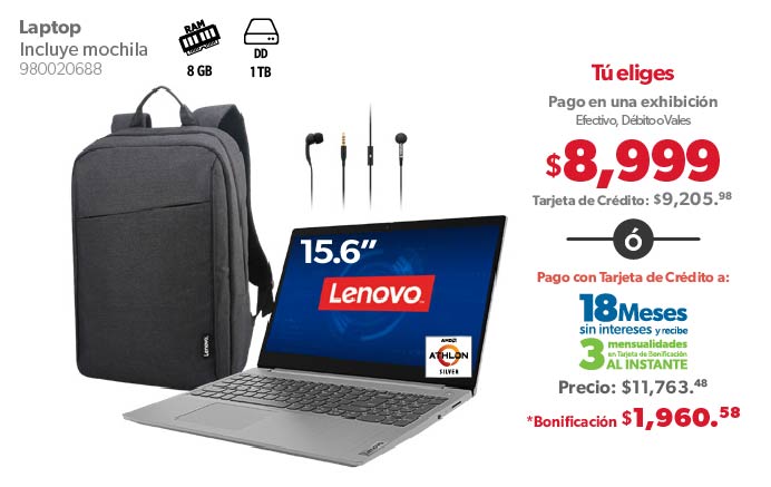 Laptop 15.6" Athlon Silver. Incluye mochila