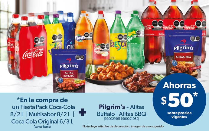 En la compra de un Fiesta Pack Coca-Cola+Pilgrim’s - Alitas 