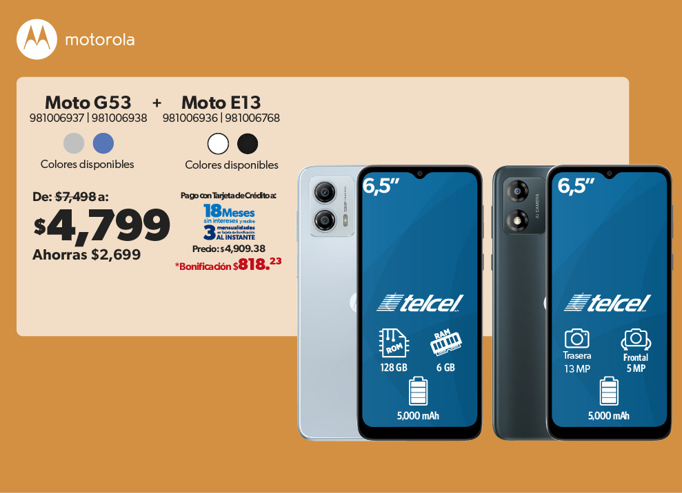 Celulares Moto G53 mas Moto E13