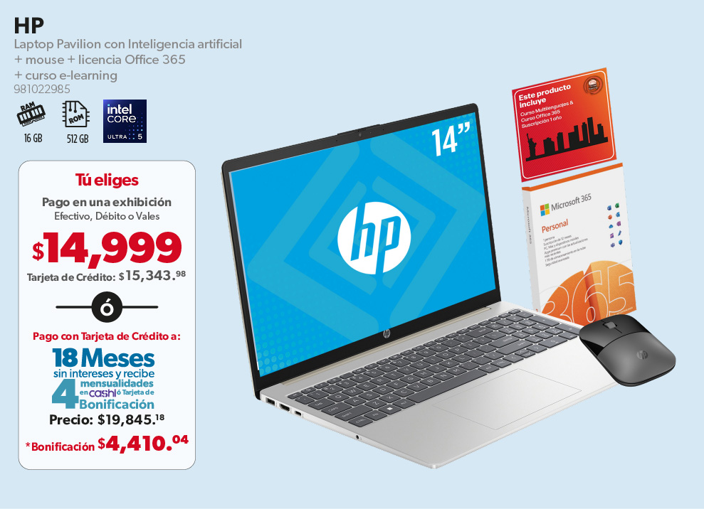 Laptop Pavilion con Inteligencia artificial + mouse + licencia Office 365
+ curso e-learning