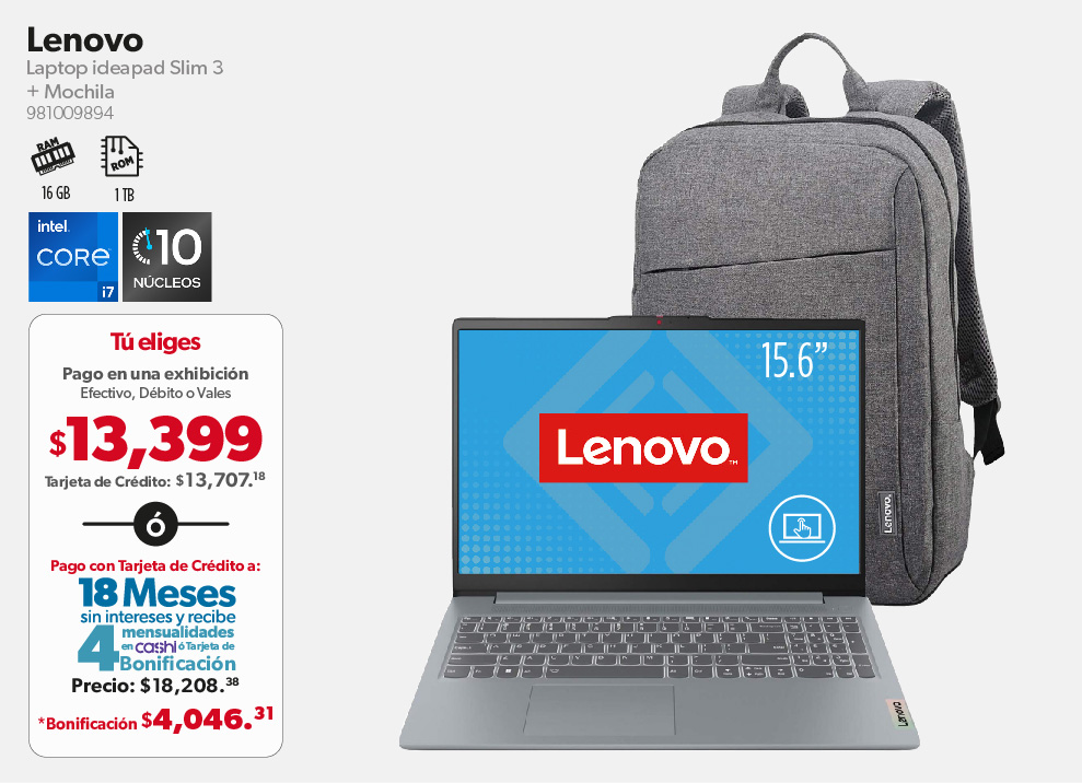 Laptop ideapad Slim 3 + Mochila