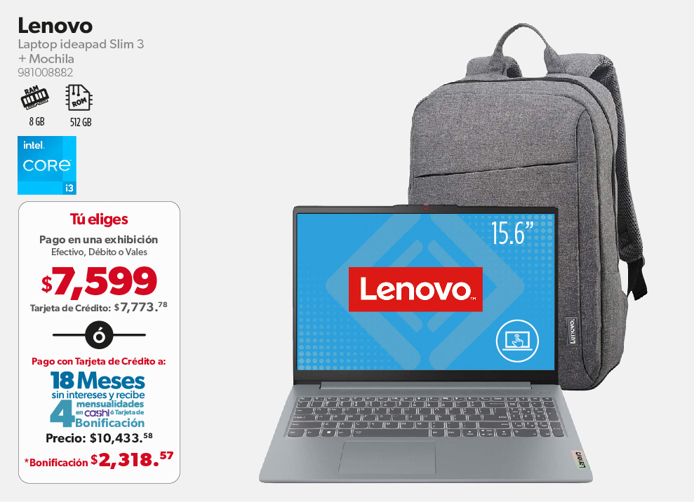 Laptop ideapad Slim 3 + Mochila