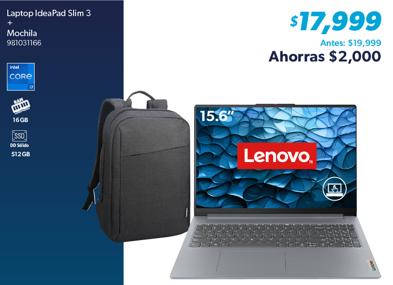Laptop IdeaPad Slim 3 mas mochila 